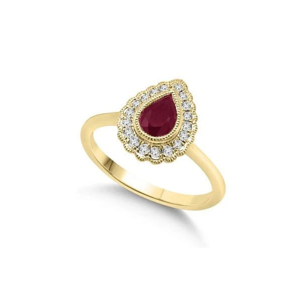 9ct White & Yellow Gold Pear Ruby & Diamond Halo Ring – 0.42ct Ruby, 0.16ct GSI