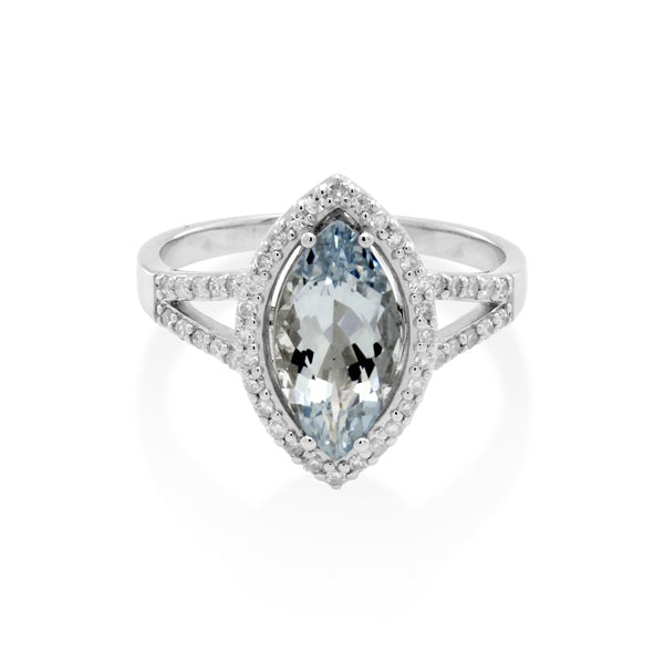 9ct White Gold Marquise Cut Aquamarine & Diamond Set Split Band Ring