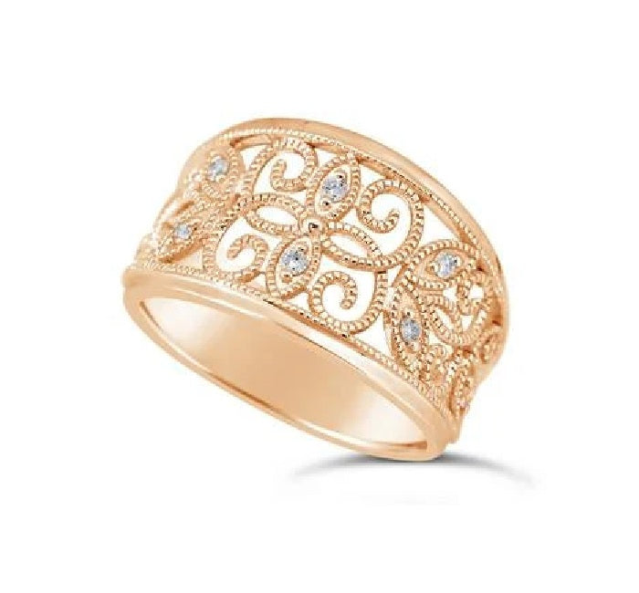 9ct Rose Gold Diamond Set Open Milgrain Ring
