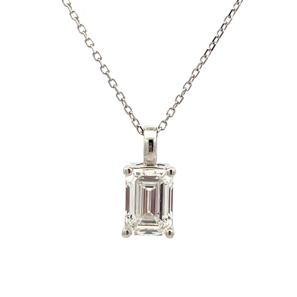 9ct White Gold 1.15ct Emerald Cut Lab Grown Pendant with Chain
