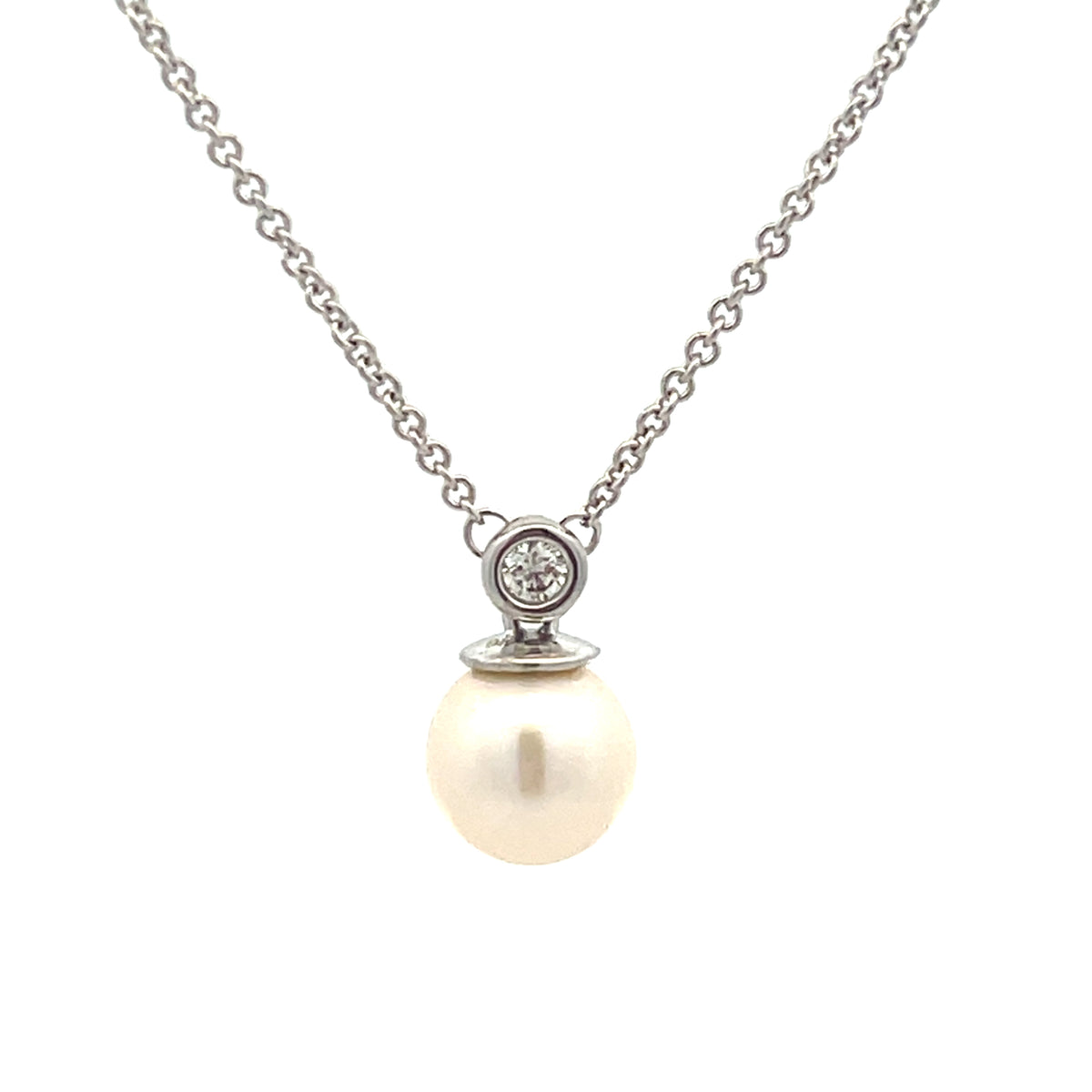9ct White Gold 0.03ct Nat Diamond & Pearl Necklace 45+5cm