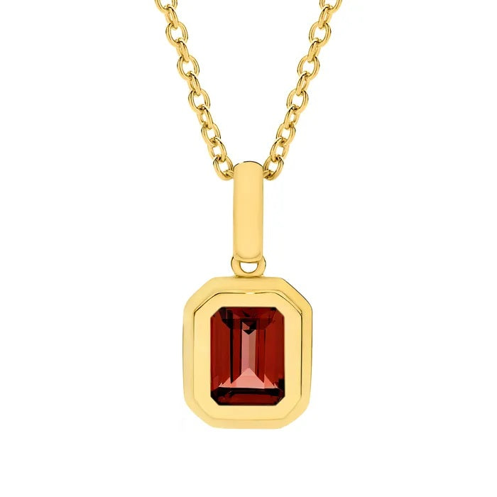 9ct Yellow Gold Emerald Cut 8x6mm Bezel Set Garnet Pendant