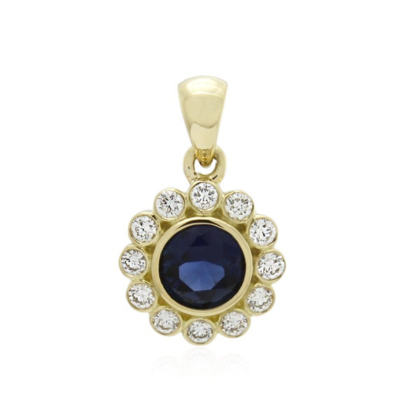 18ct Yellow Gold Sapphire & Diamond Halo Pendant 12=0.18ct