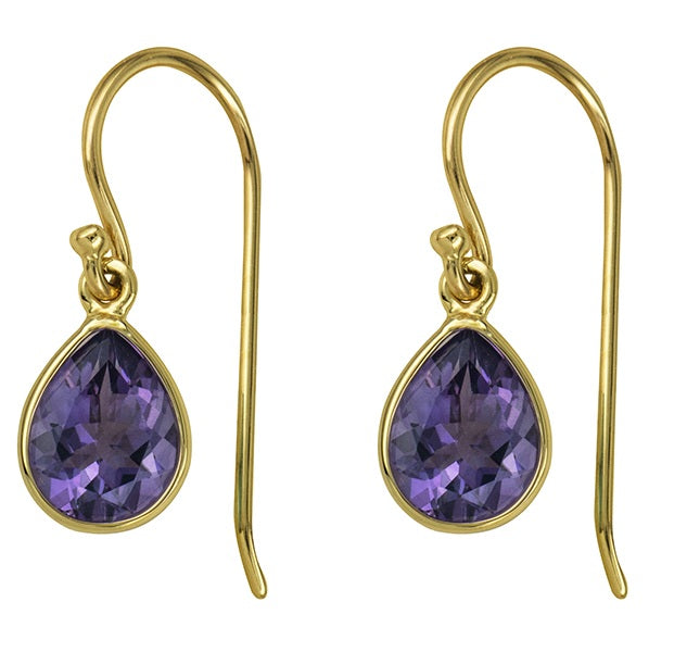 9ct Yellow Gold Natural Amethyst Bezel Teardrop Earrings