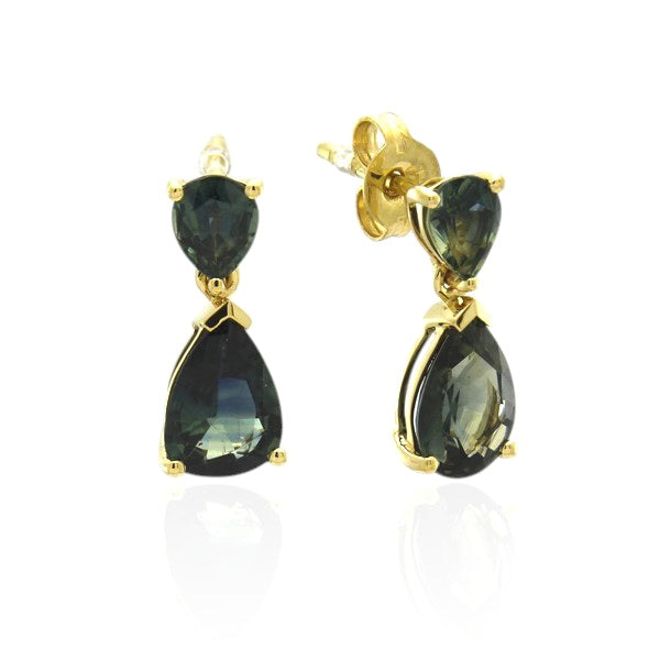 9ct Yellow Gold Double Pear Cut Green Sapphire Stud Earrings