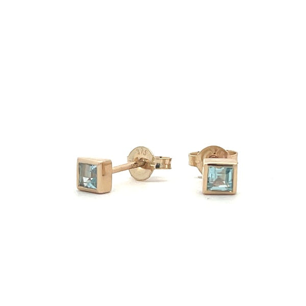 9ct Yellow Gold Swiss Blue Topaz Square Cut Bezel Studs