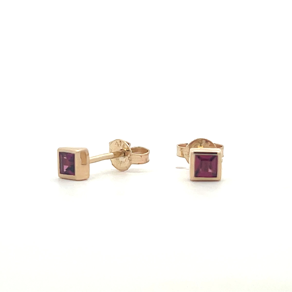 9ct Yellow Gold Rhodolite Garnet Square Cut Bezel Studs