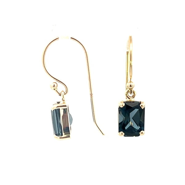 9ct Yellow Gold London Blue Topaz Emerald Cut Drop Earrings