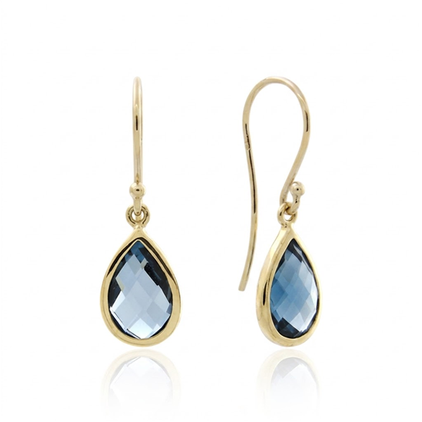 9ct Yellow Gold Pear Cut 10x7mm London Blue Topaz Hook Earrings