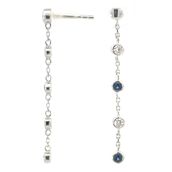 9ct White Gold Natural Diamond & Sapphire Drop Earrings 4rb=0.16ct 4sa=0.24ct