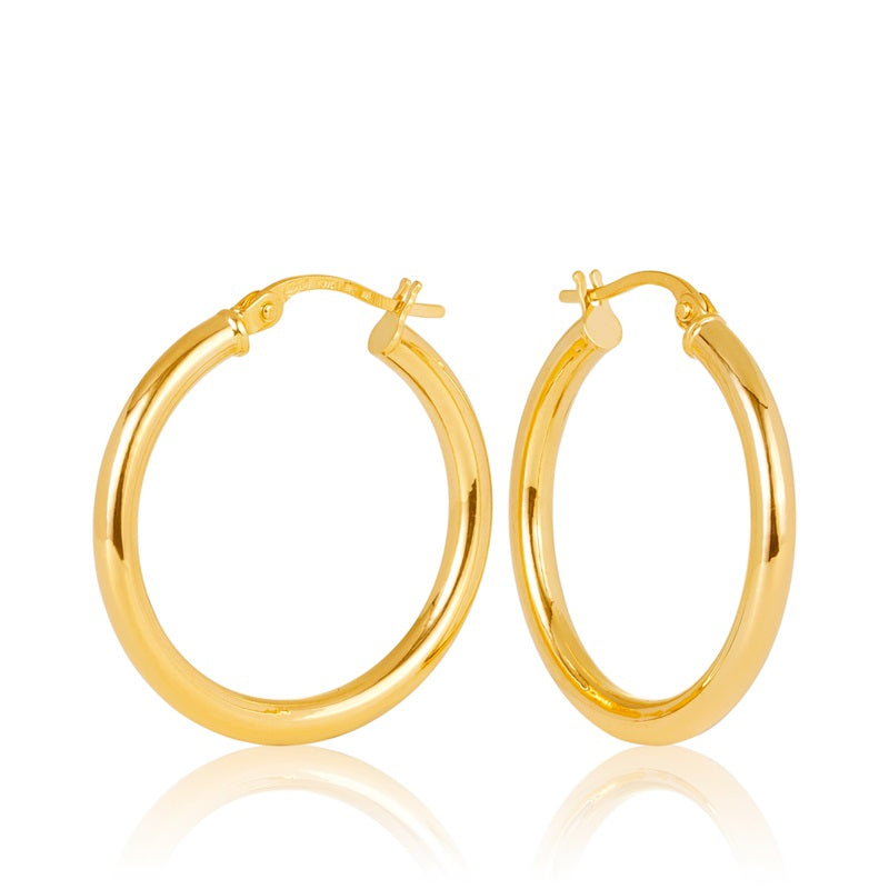 9ct Yellow Gold Plain Round 2.5mm Tube Hoop Earring 20mm