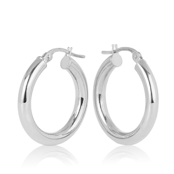 9ct White Gold Plain Round 3mm Tube 15mm Hoop Earrings