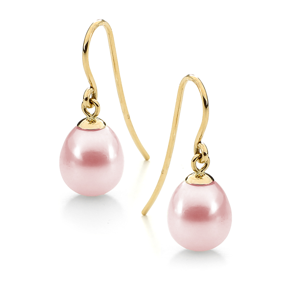 Ikecho 9ct Yellow Gold 7.5-8mm Pink FWP Shepherd Hook Earrings