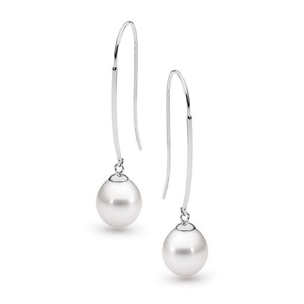Ikecho Sterling Silver 9-9.5mm FWP White Long Hook Earrings