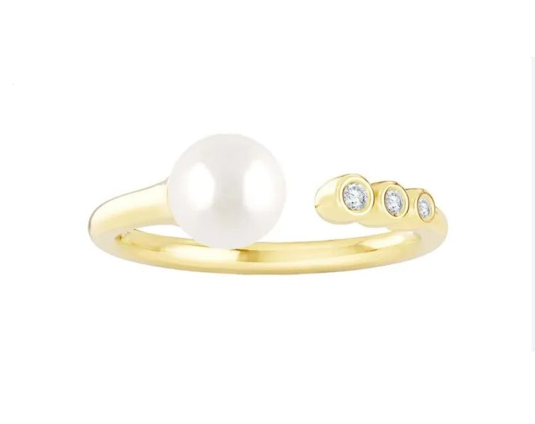 9ct Yellow Gold White Freshwater Pearl & Lab-Grown Diamond Open Ring – 0.04ct FVS