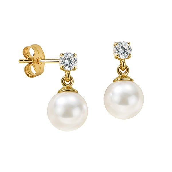 9ct Yellow Gold 4 Claw Lab Diamond & Freshwater Cultured Pearl Drop Studs
