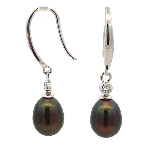 Ikecho Sterling Silver 7.5-8mm Black Drop Freshwater Pearl & CZ Hook Earrings