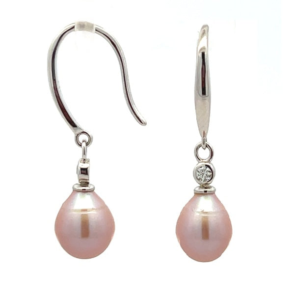 Ikecho Sterling Silver 7.5-8mm Pink Drop Freshwater Pearl & CZ Hook Earrings