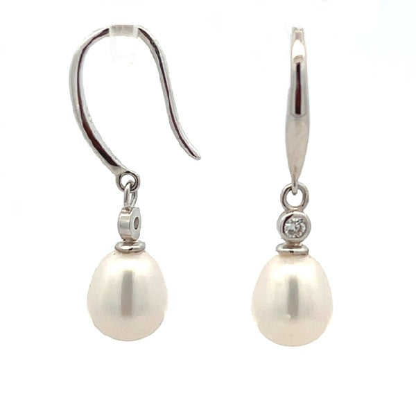 Ikecho Sterling Silver 7.5-8mm White Drop Freshwater Pearl & CZ Hook Earrings