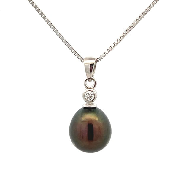 Ikecho Sterling Silver 7.5-8mm Black Drop Freshwater Pearl & CZ Necklace 45+3cm