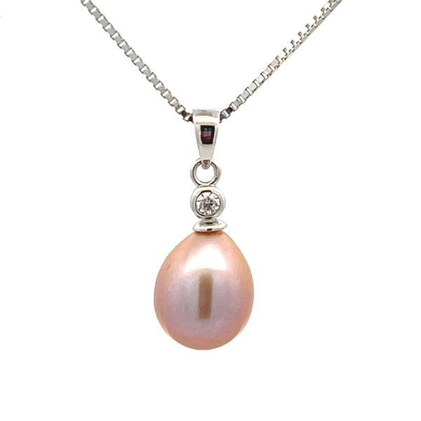 Ikecho Sterling Silver 7.5-8mm Pink Drop Freshwater Pearl & CZ Necklace 45+3cm