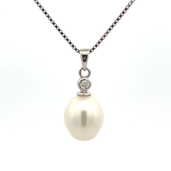 Ikecho Sterling Silver 7.5-8mm White Drop Freshwater Pearl & CZ Necklace 45+3cm