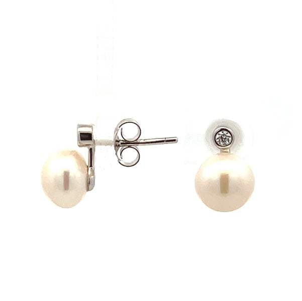 Ikecho Sterling Silver 8mm White Button Freshwater Pearl & CZ Studs