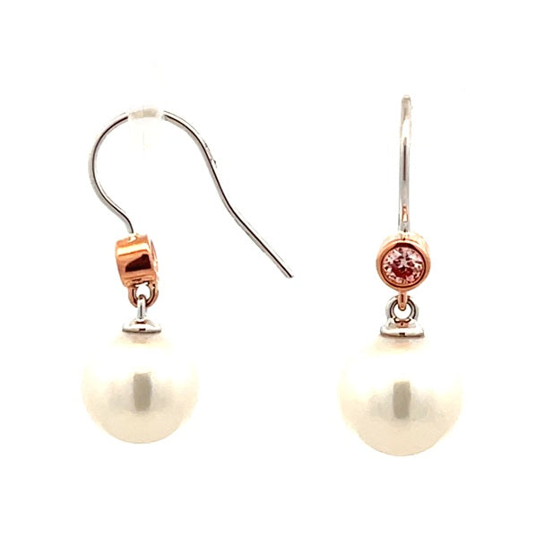 Ikecho 9ct White Gold & Rose Gold 9mm Edison Pearl & 0.10ct Pink Lab Grown Diamond Hook Earrings