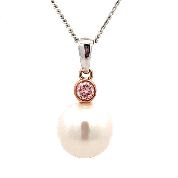 Ikecho 9ct White Gold & Rose Gold 9mm Edison Pearl & 0.10ct Pink Lab Grown Diamond Pendant