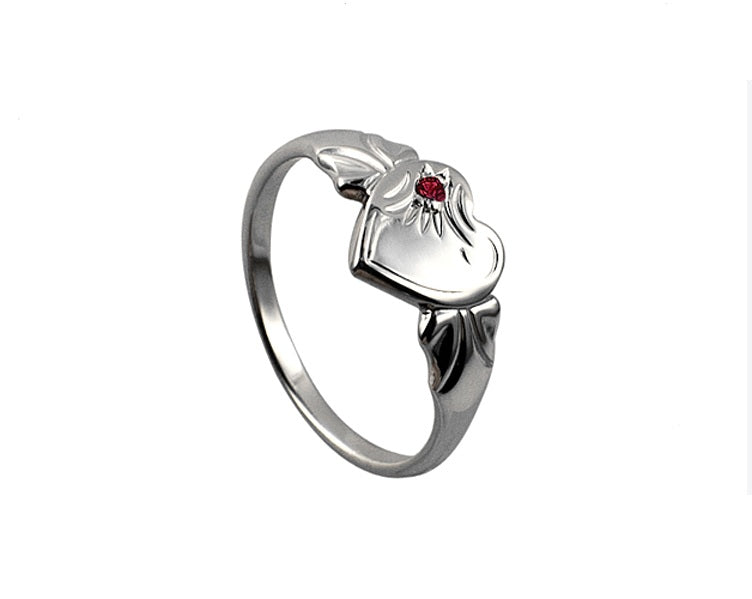 Sterling Silver Heart Signet Ring With Red Stone - Size G