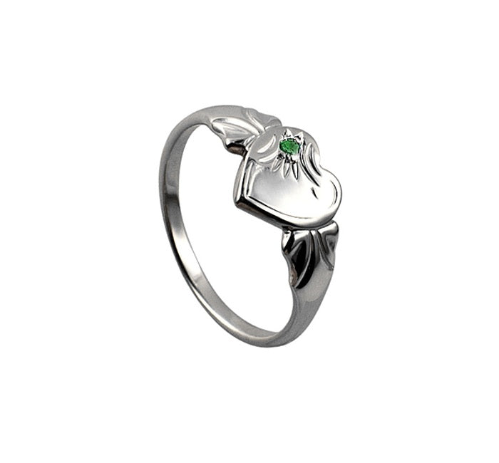 Sterling Silver Single Heart Green Stone Signet - J