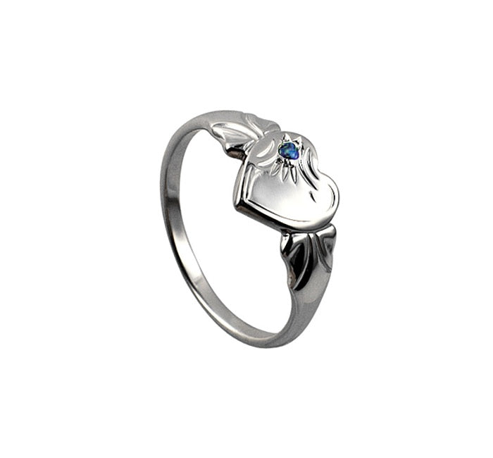 Sterling Silver Single Heart Blue Stone Signet - H