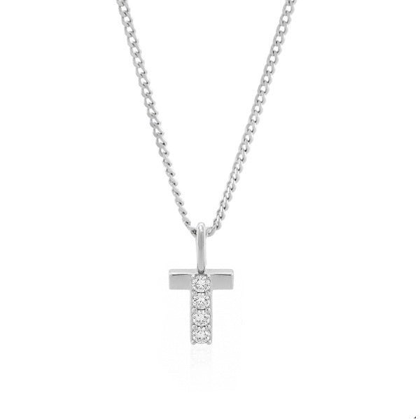 Sterling Silver Initial "T" & Lab Grown Diamond Pendant w/ Chain