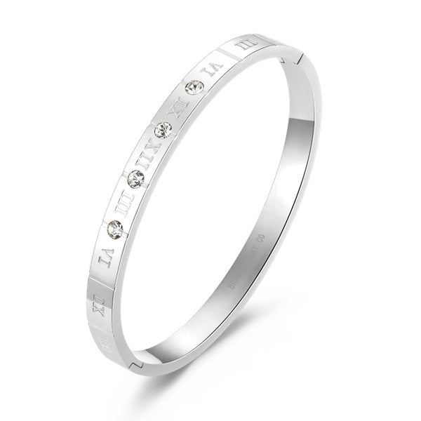 Stainless Steel Roman Numeral Cubic Zirconia Hinged Bangle