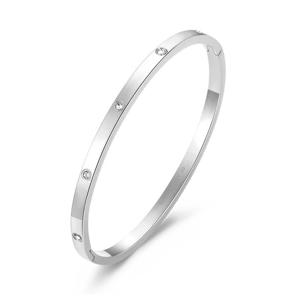 Stainless Steel Slim Cubic Zironia Hinged Bangle