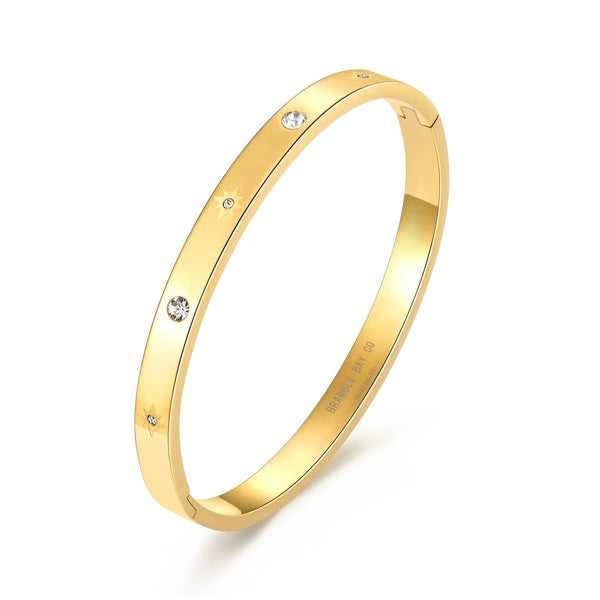 18ct Yellow Gold Plated Stainless Steel Cubic Ziconia Star Hinged Bangle