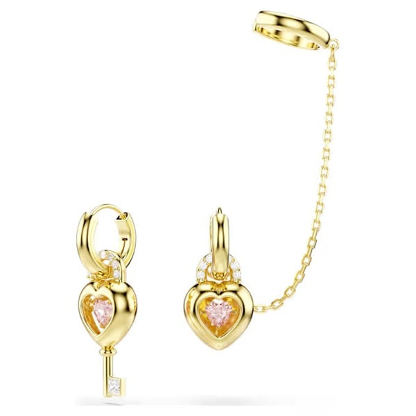 Swarovski Idyllia drop earrings with ear cuff Mixed cuts, Heart with key, Pink, Gold-tone plated 5737294