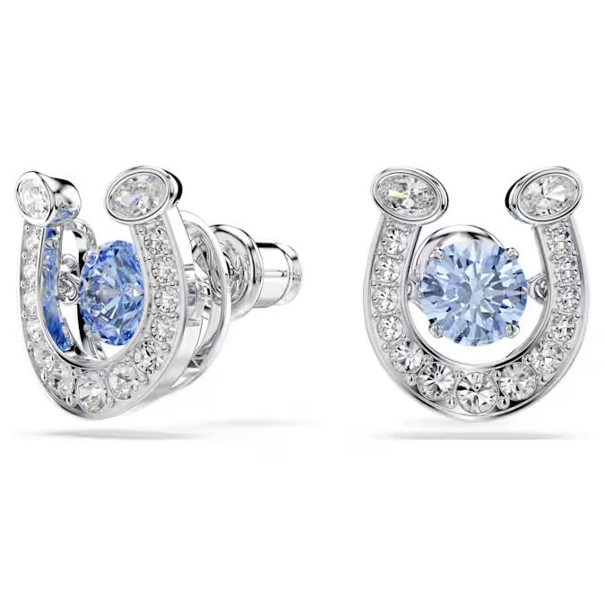Swarovski Symbolica stud earrings Round cut, Pavé, Horseshoe, Blue, Rhodium plated 5746563