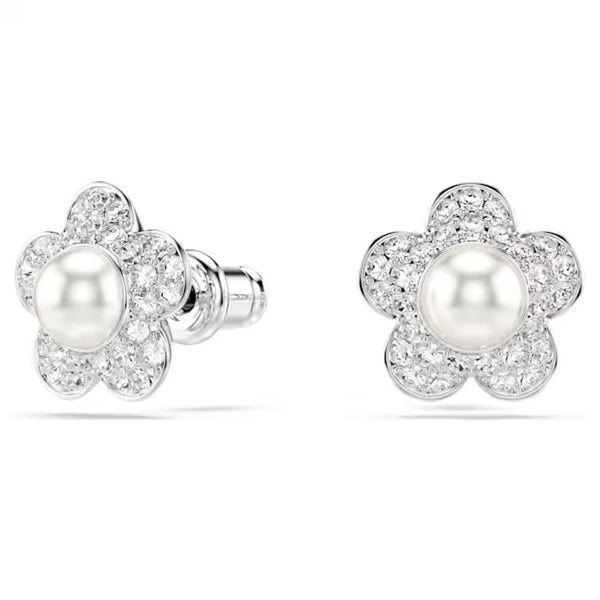 Swarovski Ariana Grande stud earrings, Round cut, Flower, White, Rhodium plated 5756098